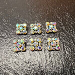 6 Vintage Aurora Borealis AB Crystal Buttons – Square Prong Set 50s Costume Glam
